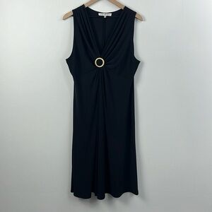 Evan Picone Black Vneck Gathered Front Minimalist Classic Midi Dress Womens 16